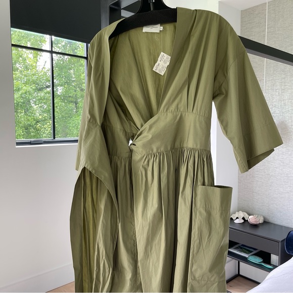 Three Graces London Charita Green Cotton-poplin Wrap Dress In Khaki Army Green - Picture 7 of 15